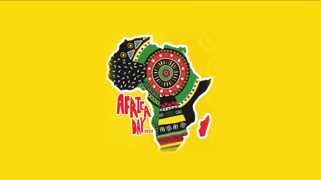 Africa Day 2022 graphic illustration with African continent emblem on yellow background